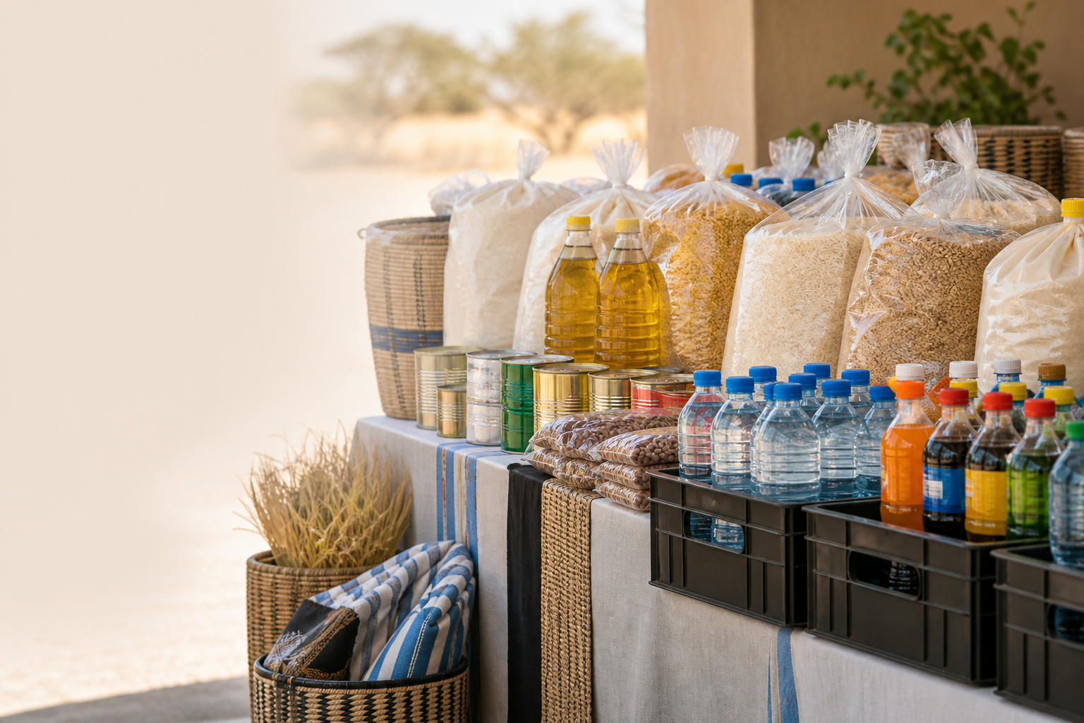 Food hampers, drinks, and bottled water prepared for donation