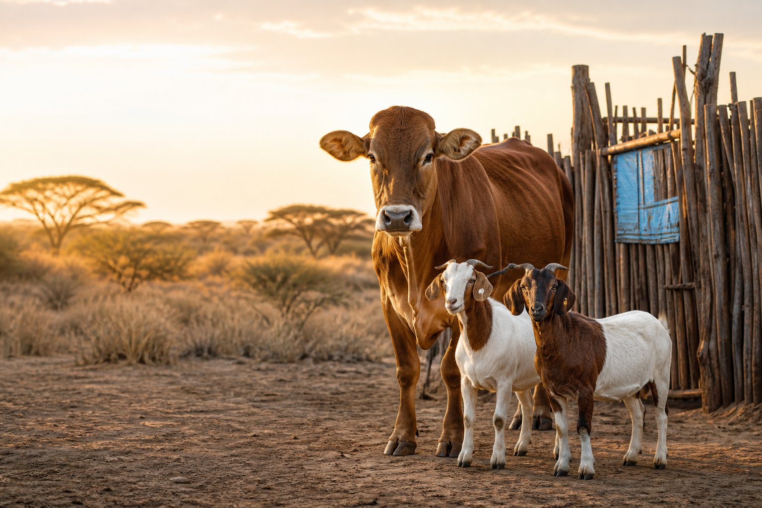A healthy cow and two goats beside a Botswana village kraal
