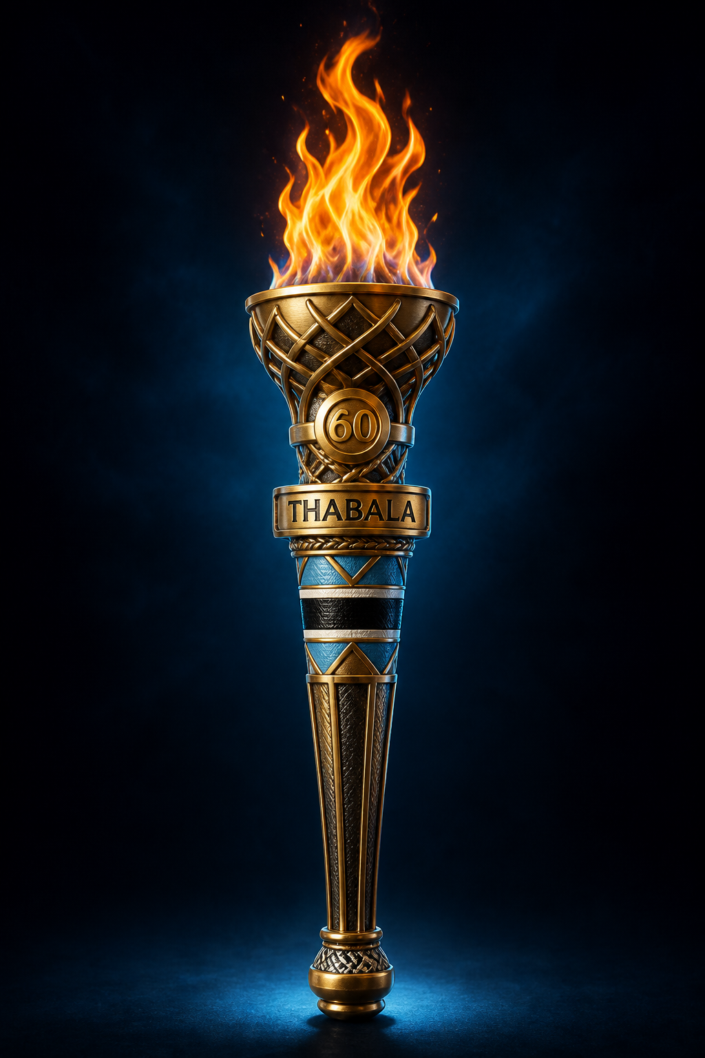 The gold Thabala 60 commemorative torch with a burning flame